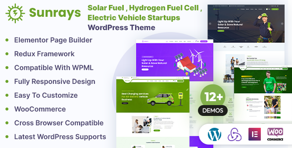 Sunrays – Solar Fuel , Hydrogen Fuel Cell , Electric Vehicle Startups WordPress Theme